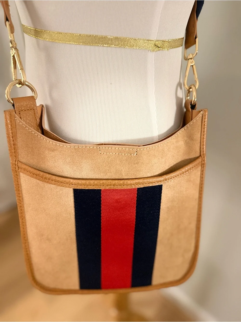 NWOT ⊛ Boutique ⊛ Suede Crossbody Bag ⊛ Navy, & Camel Tan ⊛ Gold Hardware